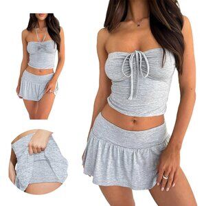 Summer Grey Two Piece Outfits for Women Y2K Going Out Tie Ruched Tube Crop Top